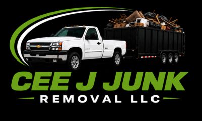 cee j junk removal llc in text with a white chevy truck hauling waste